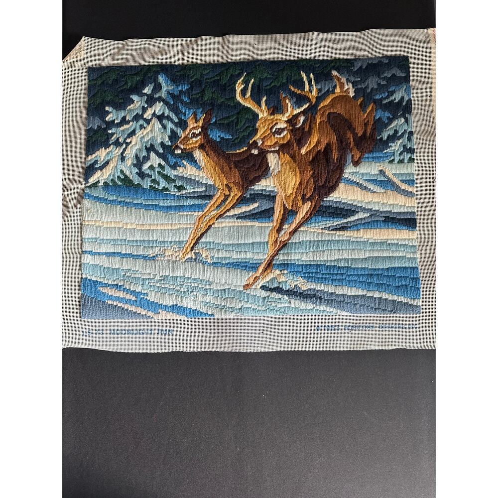 Vintage 1983 Moonlight Run Needlepoint Tapestry Deer Doe Buck Monarch Horizons - Picture 8 of 12
